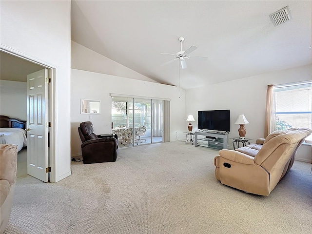 living room featuring visible vents, high vaulted ceiling, ceiling fan, and carpet flooring