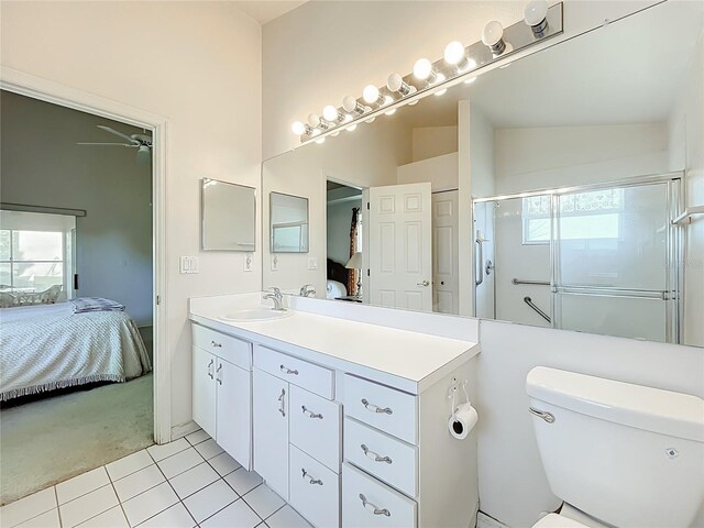 full bath with tile patterned floors, a stall shower, ensuite bath, vanity, and vaulted ceiling