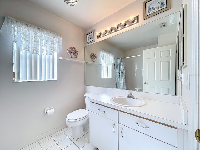 bathroom with tile patterned flooring, toilet, a shower with curtain, and visible vents