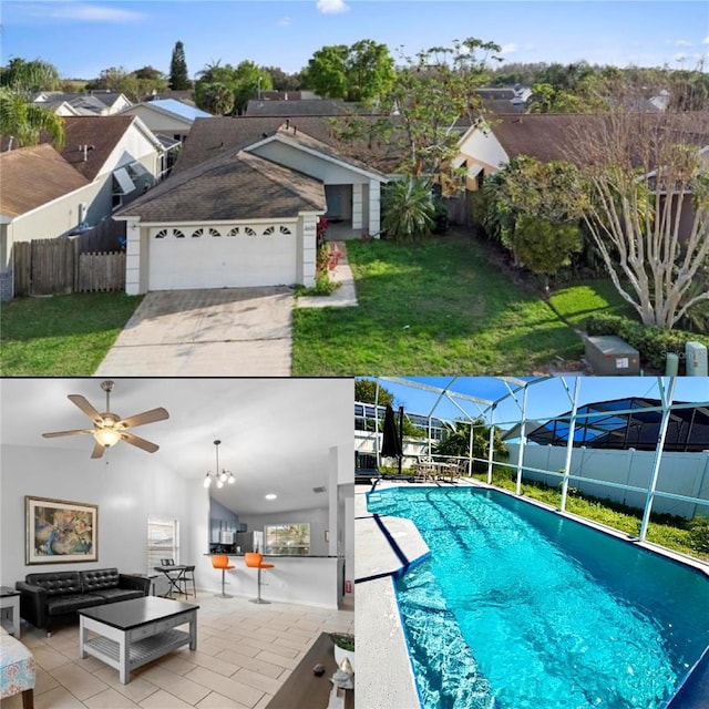 view of pool with an outdoor living space, a lawn, a patio, and fence