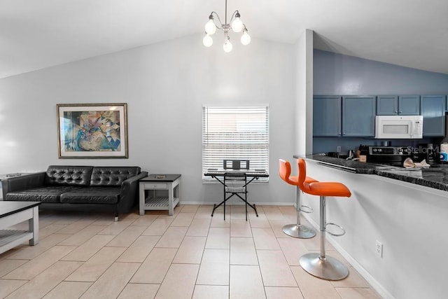 living room featuring baseboards, lofted ceiling, an inviting chandelier, and light tile patterned flooring