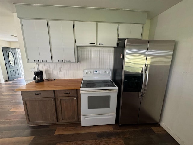 kitchen with white range with electric cooktop, dark wood finished floors, white cabinets, stainless steel refrigerator with ice dispenser, and wood counters