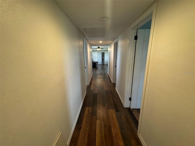 hallway with dark wood finished floors and baseboards