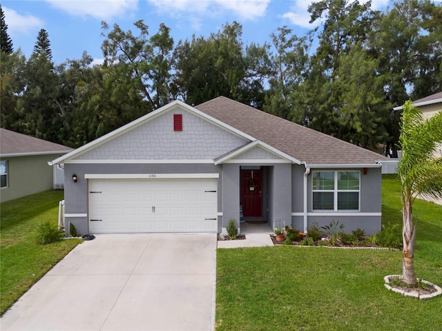 single story home with stucco siding, a front lawn, roof with shingles, concrete driveway, and an attached garage