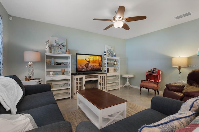 living room featuring visible vents, baseboards, and ceiling fan