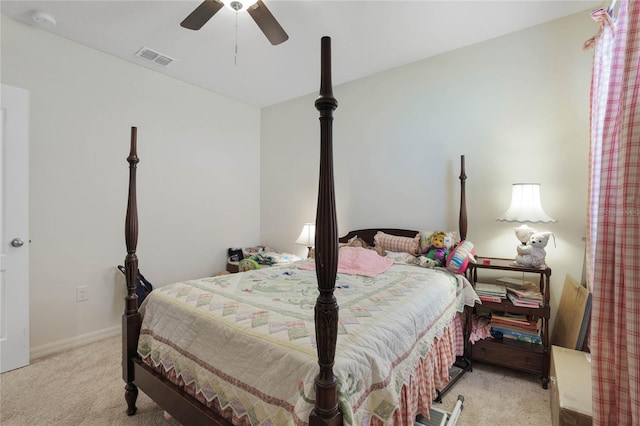 bedroom featuring visible vents, baseboards, ceiling fan, and carpet floors