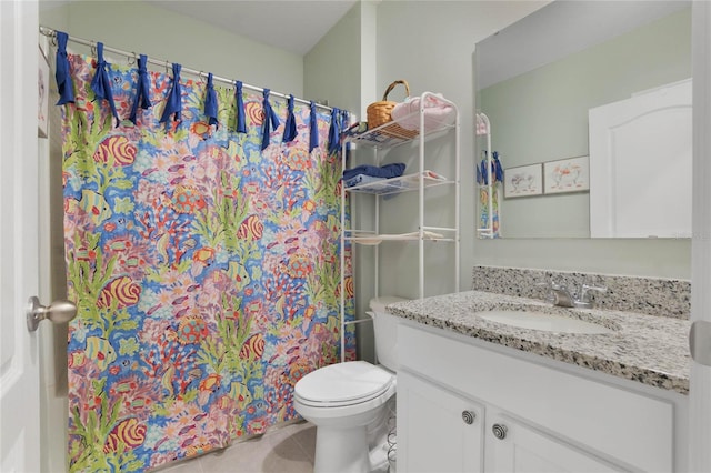 full bathroom with tile patterned floors, toilet, vanity, and a shower with curtain