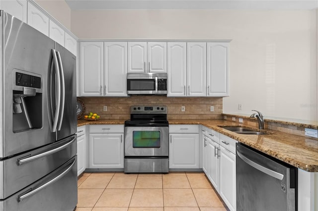 kitchen with a sink, decorative backsplash, white cabinetry, and stainless steel appliances