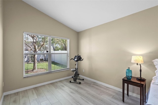 workout area with baseboards, lofted ceiling, and wood finished floors