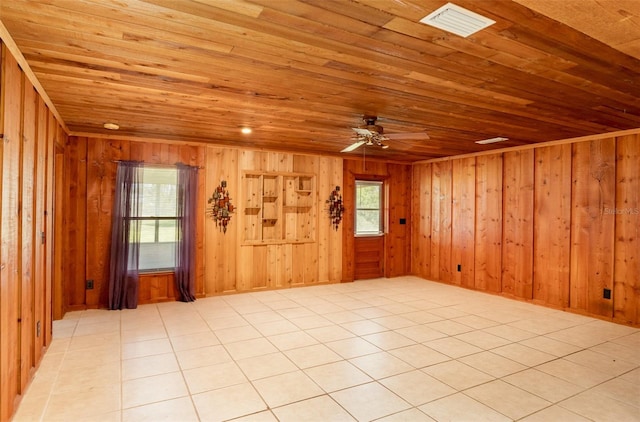 empty room with visible vents, wood walls, wood ceiling, and a ceiling fan