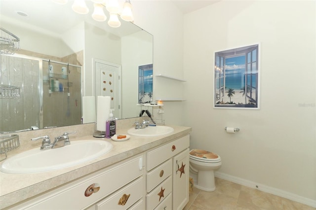 full bath featuring a sink, toilet, double vanity, and a shower stall