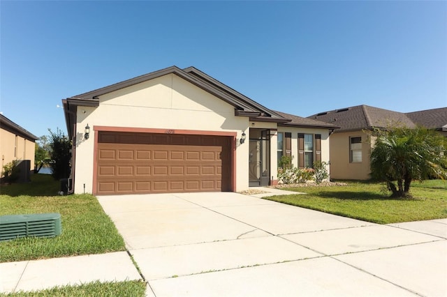 ranch-style home featuring stucco siding, a garage, concrete driveway, and a front yard