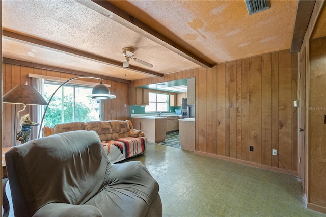 living room with beam ceiling, wooden walls, light floors, and visible vents