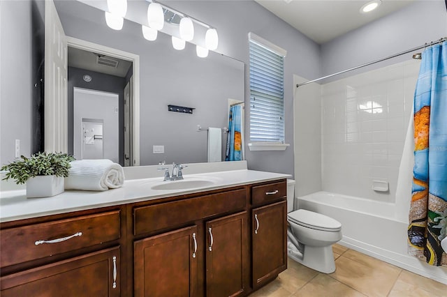 bathroom with tile patterned floors, visible vents, toilet, shower / bath combo, and vanity