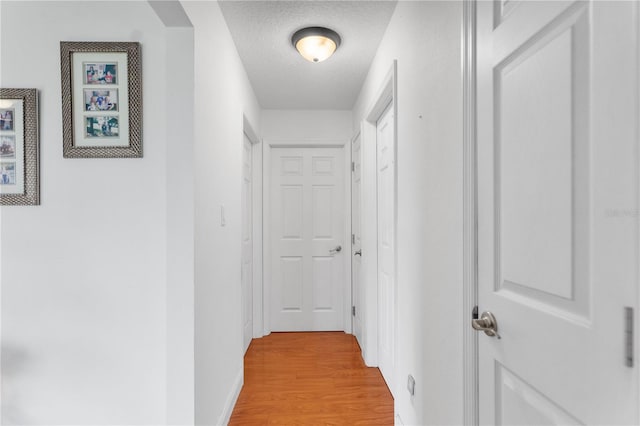 corridor with baseboards, a textured ceiling, and light wood-style flooring