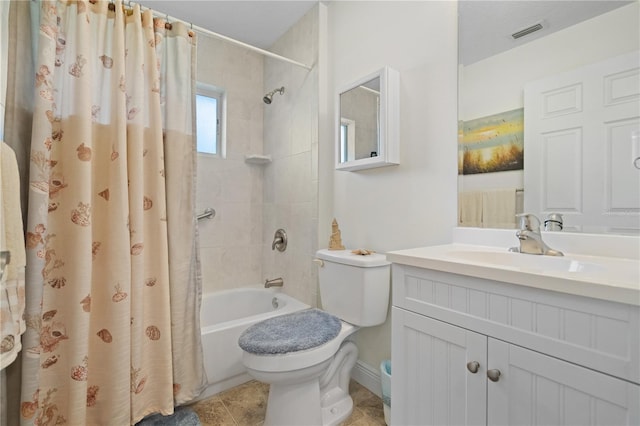 full bathroom featuring tile patterned flooring, visible vents, toilet, shower / bath combination with curtain, and vanity