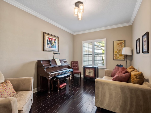 living room featuring dark wood finished floors, baseboards, and ornamental molding