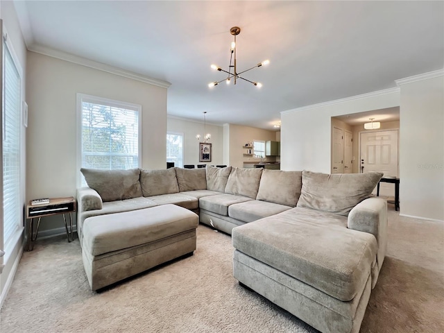 living room featuring light colored carpet, baseboards, a notable chandelier, and crown molding