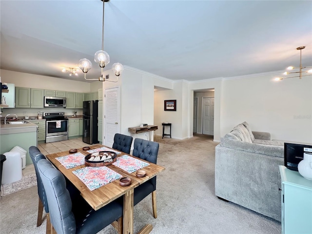 dining space with light colored carpet, baseboards, a notable chandelier, and crown molding