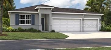 ranch-style house featuring concrete driveway, a garage, and a front yard