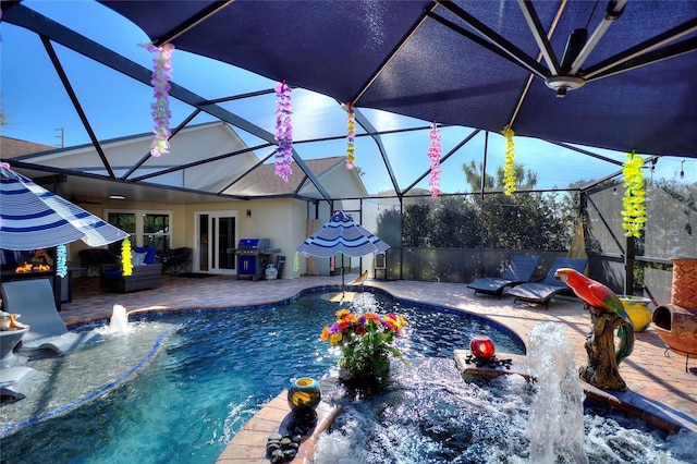 pool featuring glass enclosure, a patio area, french doors, and a grill