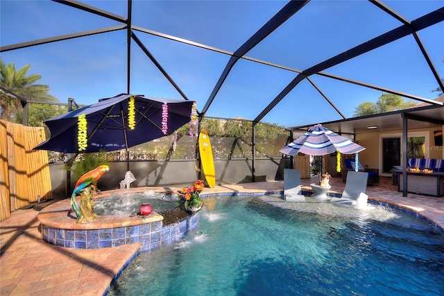 pool with a lanai, a hot tub, a patio, and fence