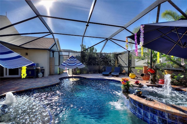 pool with glass enclosure, a patio area, and grilling area