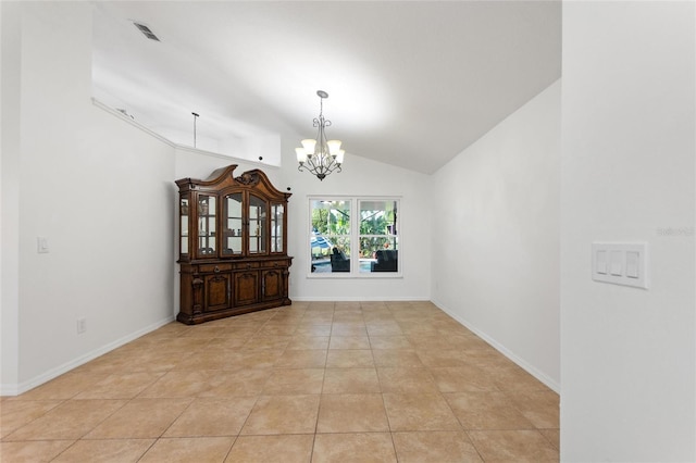 interior space featuring lofted ceiling, light tile patterned floors, baseboards, and a chandelier