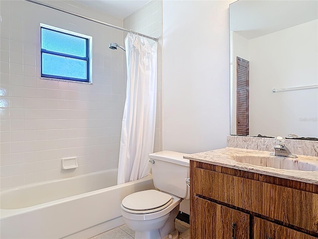 bathroom featuring tile patterned floors, toilet, shower / bath combo, and vanity