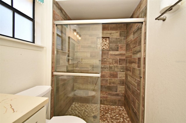 full bathroom with a stall shower, toilet, and vanity