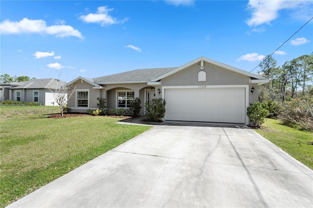 ranch-style home with a front yard, concrete driveway, a garage, and stucco siding