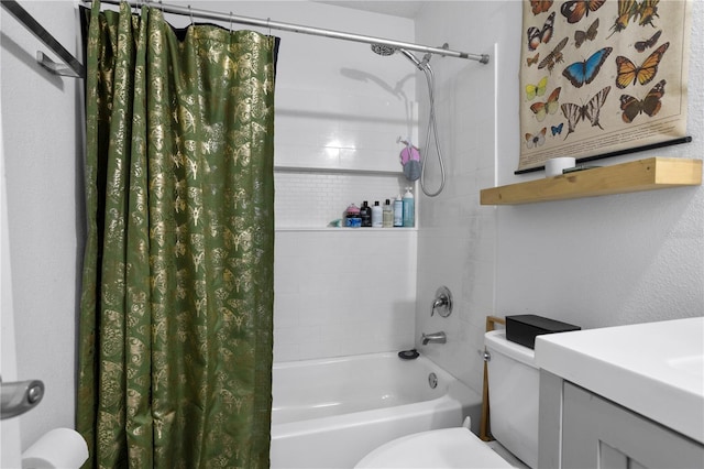 full bathroom featuring toilet and shower / bathtub combination with curtain