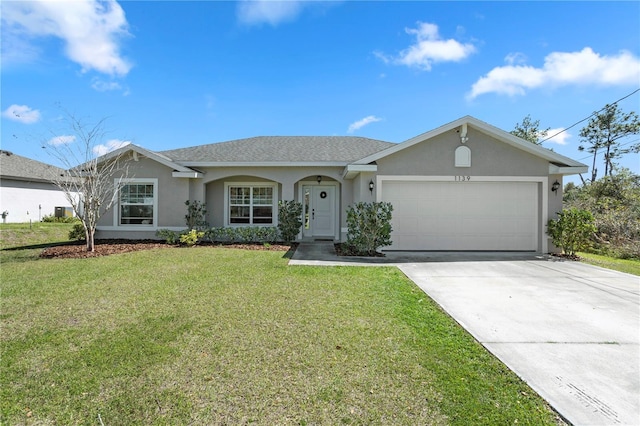 single story home featuring stucco siding, roof with shingles, concrete driveway, an attached garage, and a front yard