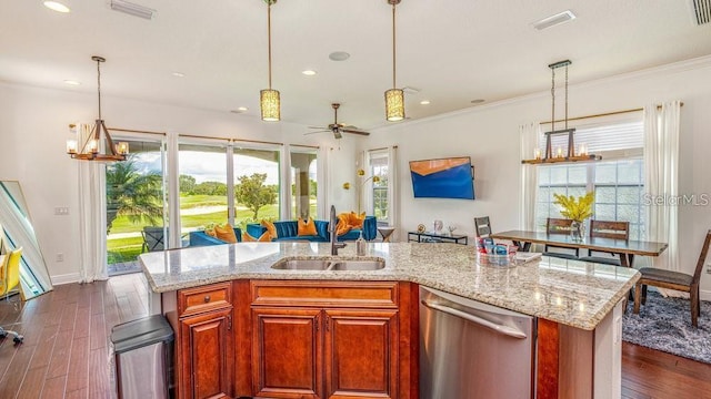 kitchen with crown molding, stainless steel dishwasher, dark wood-type flooring, and a sink