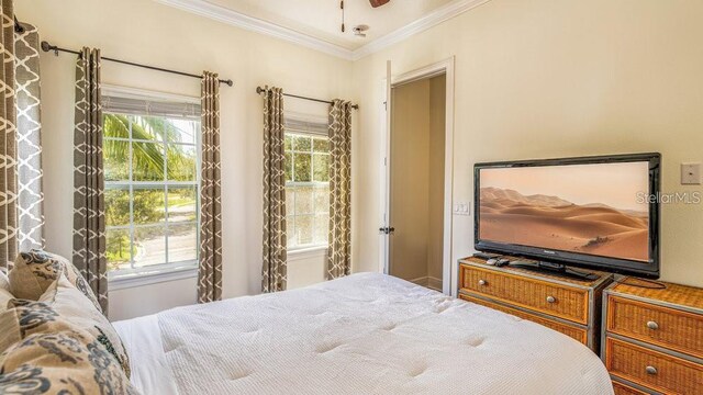 bedroom featuring multiple windows and ornamental molding