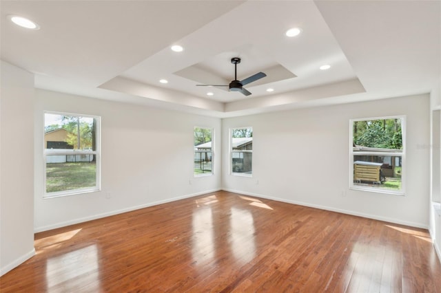 empty room with a wealth of natural light, a tray ceiling, and wood-type flooring