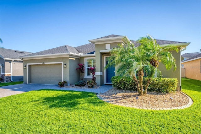 view of front facade with a front yard, roof with shingles, driveway, an attached garage, and stucco siding