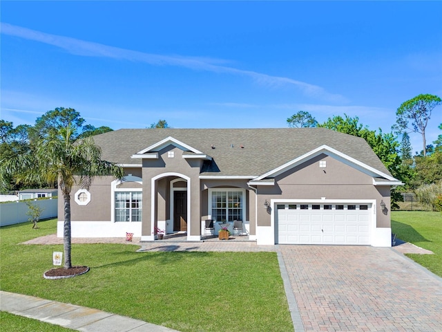 ranch-style house with roof with shingles, stucco siding, a front lawn, a garage, and decorative driveway