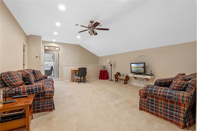 living room featuring recessed lighting, carpet, baseboards, ceiling fan, and vaulted ceiling