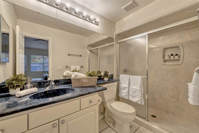 ensuite bathroom featuring visible vents, vanity, toilet, and a shower stall