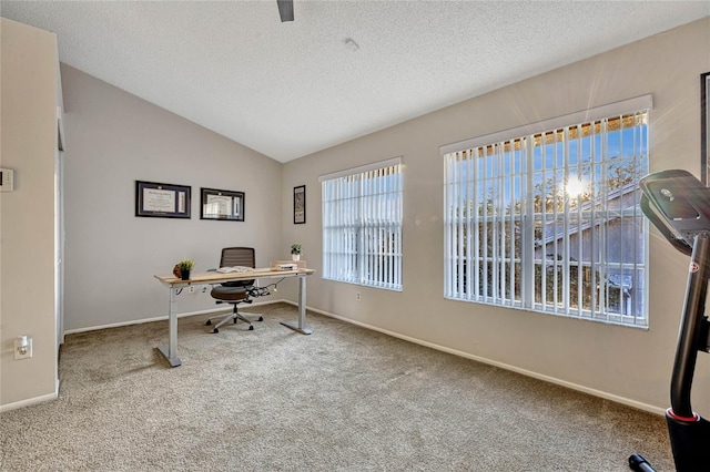 office area with carpet flooring, a textured ceiling, baseboards, and vaulted ceiling