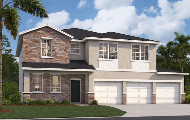 view of front of property with driveway, an attached garage, stucco siding, a front lawn, and stone siding