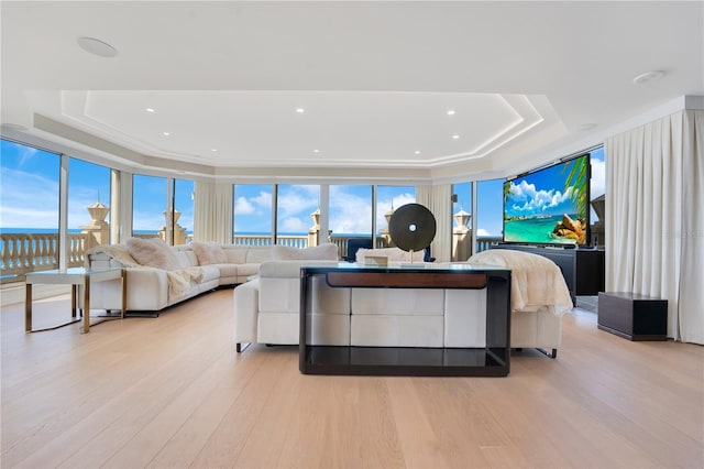 living area with a raised ceiling and light wood-type flooring