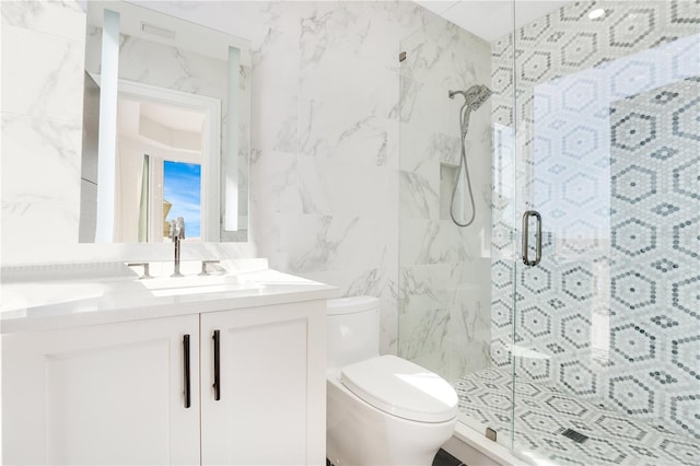 full bath featuring toilet, tile walls, a stall shower, and vanity