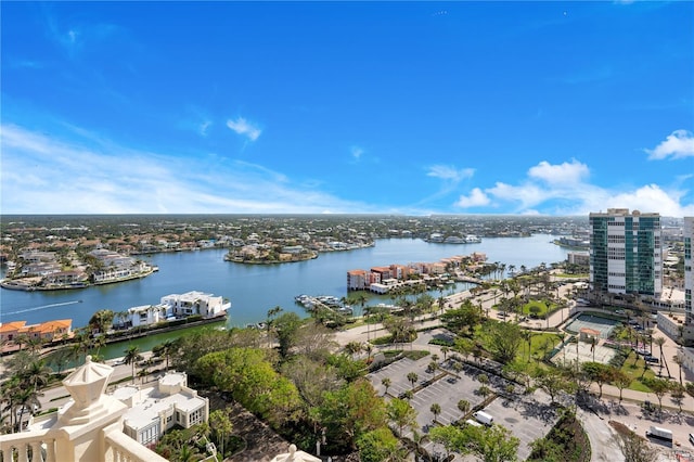 birds eye view of property featuring a water view