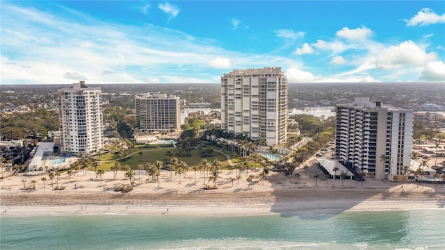 aerial view with a city view and a water view