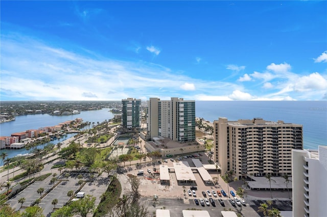 bird's eye view with a water view and a view of city