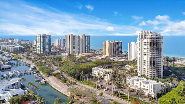 bird's eye view featuring a water view and a city view