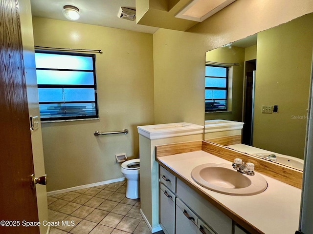 bathroom with tile patterned flooring, visible vents, baseboards, toilet, and vanity