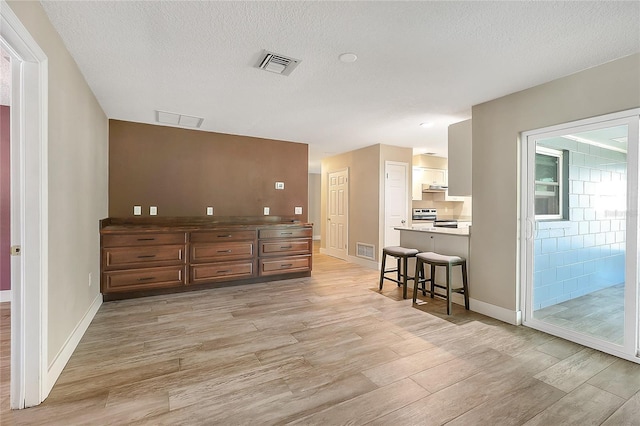 interior space with visible vents, light wood-style flooring, a textured ceiling, and baseboards